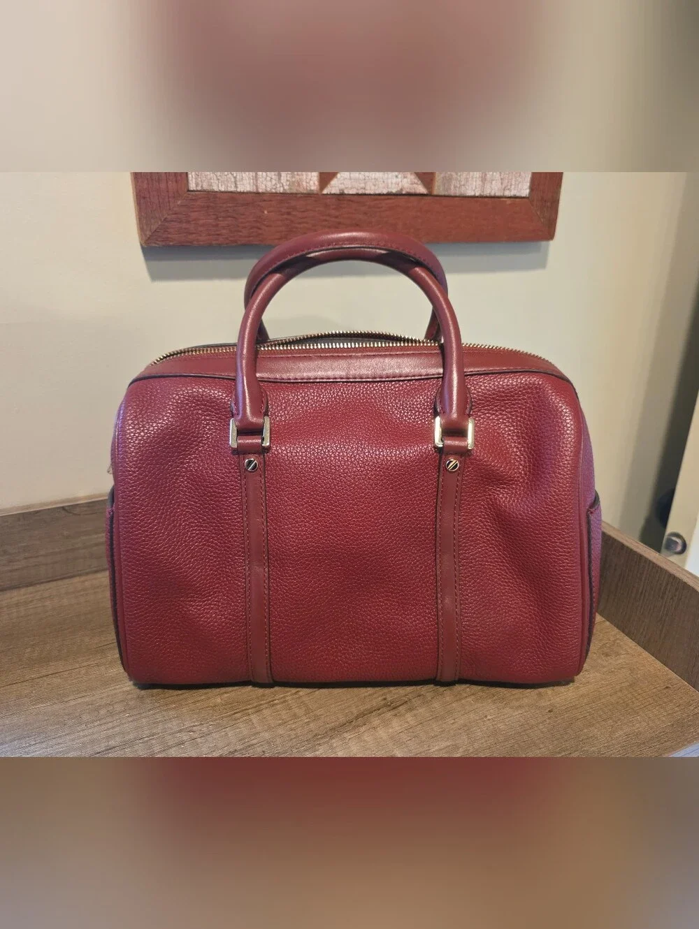 Michael Kors Burgundy Pebbled Leather Satchel with Gold Hardware